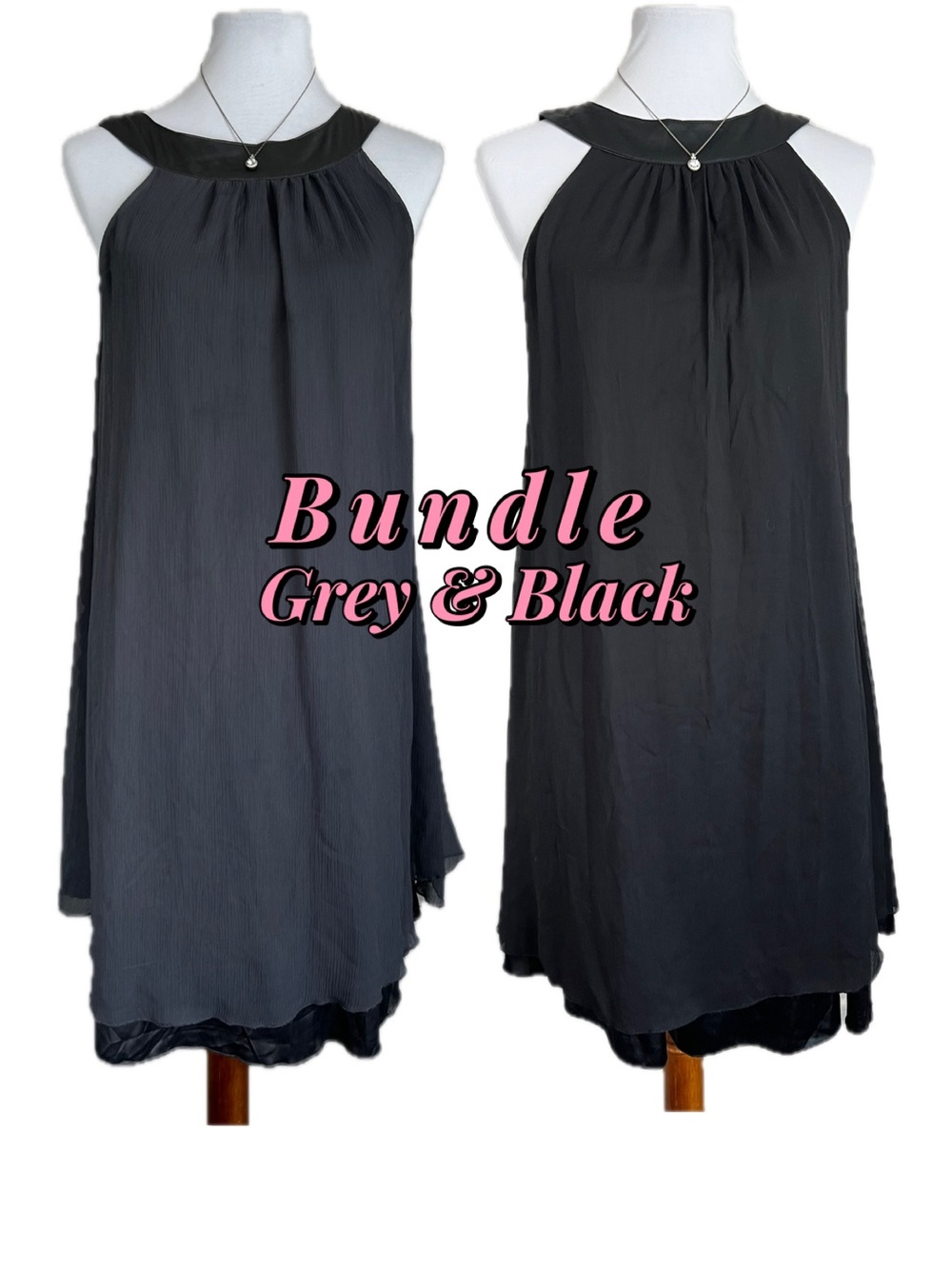 Y2K Bundle of Black & Gray Halter Neck Shift Midi Chiffon Dress